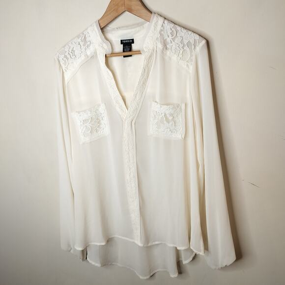 Torrid Ivory Chiffon + Lace Blouse Hi Low Hem - Picture 4 of 13